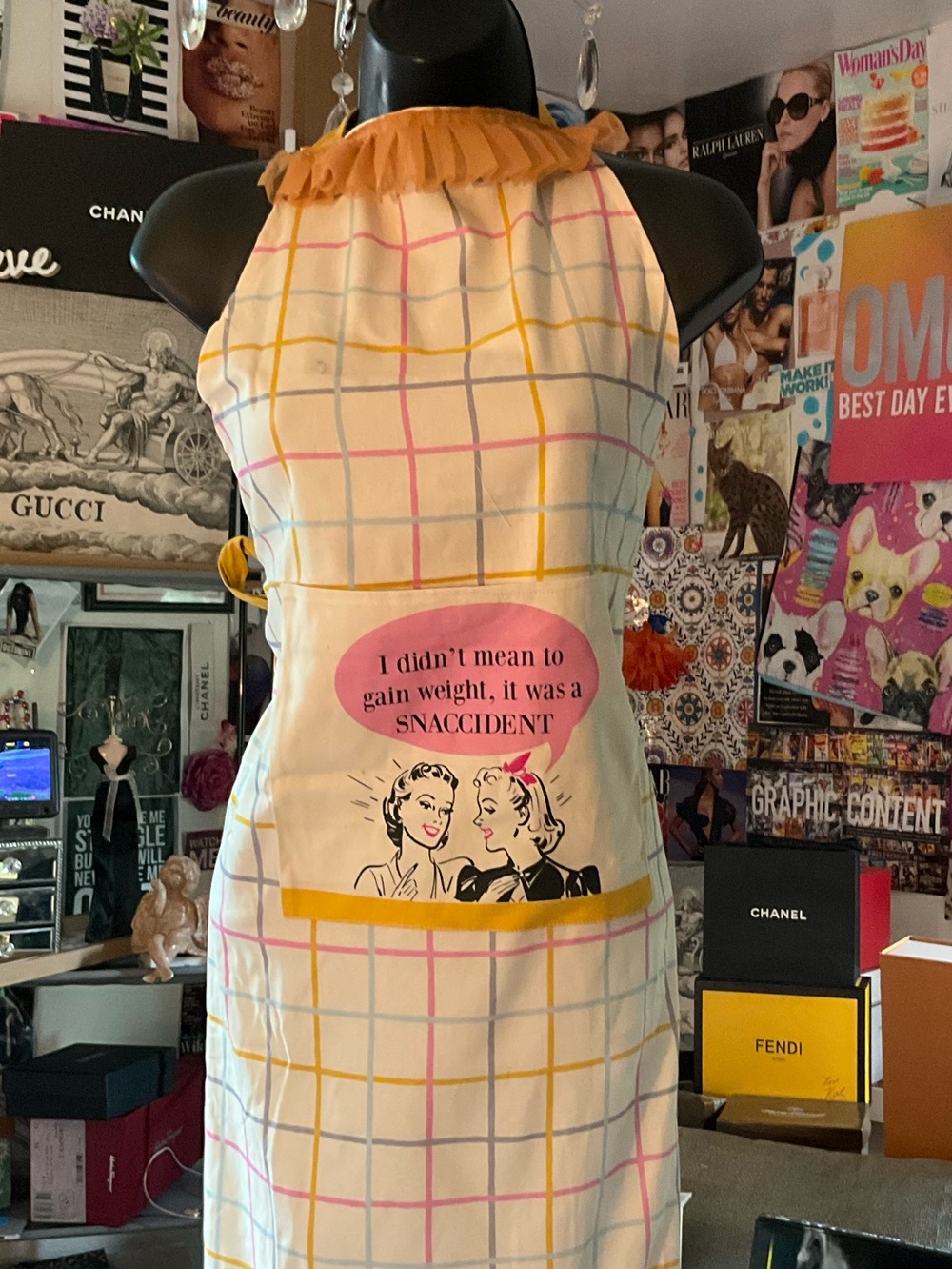Retro Plaid Novelty Kitchen Apron with Ruffle Trim - Yellow & Pink